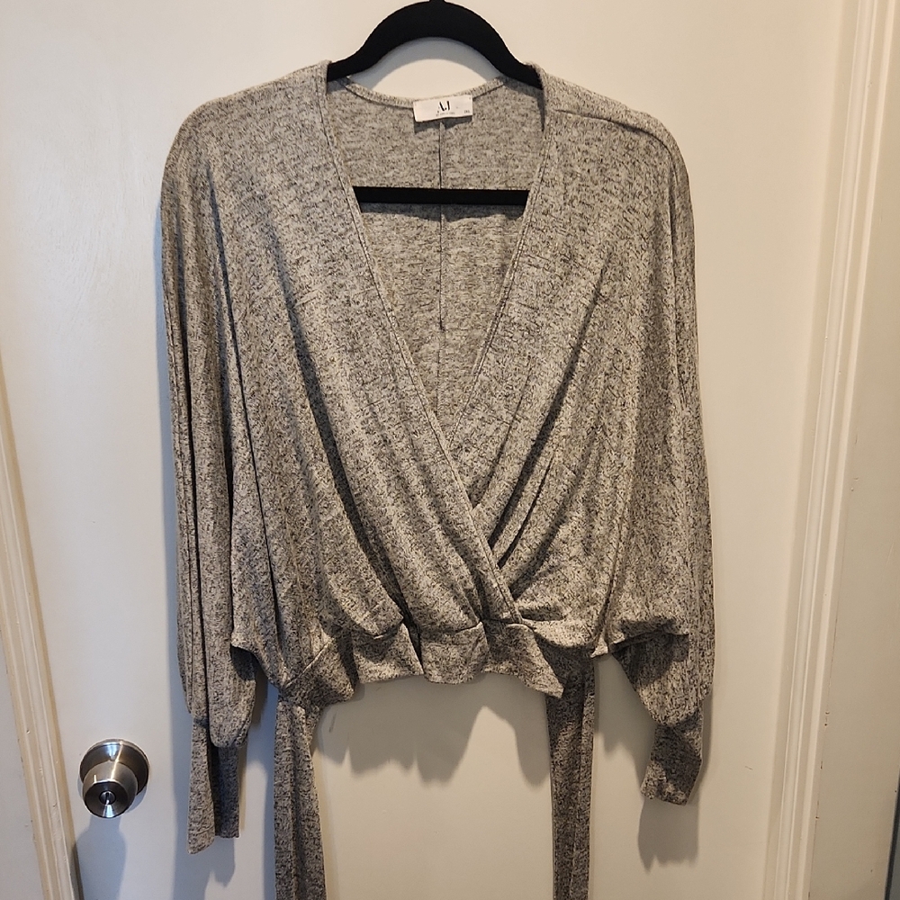 Amelia James Heather Gray V-Neck Wrap Sweater Crop